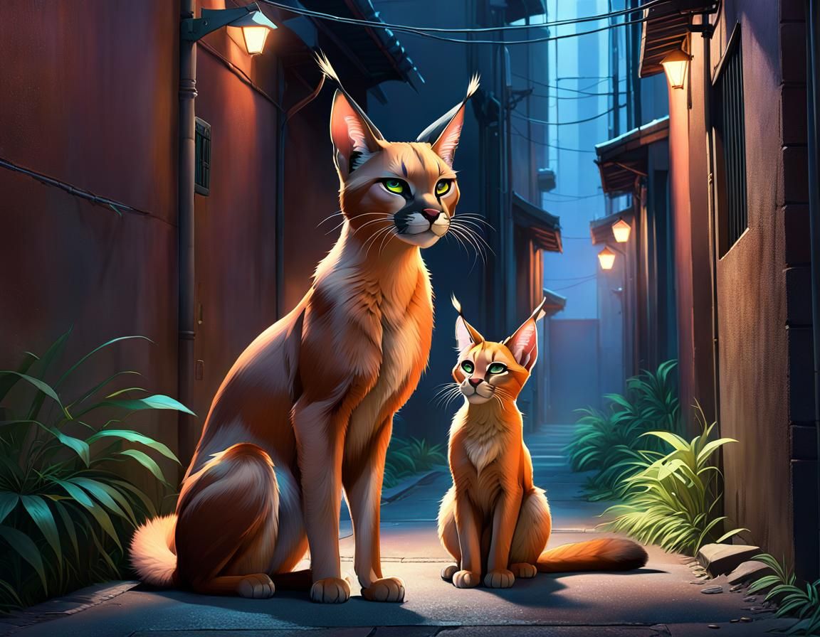 Caracals in Alleyway at Night: Digital Illustration