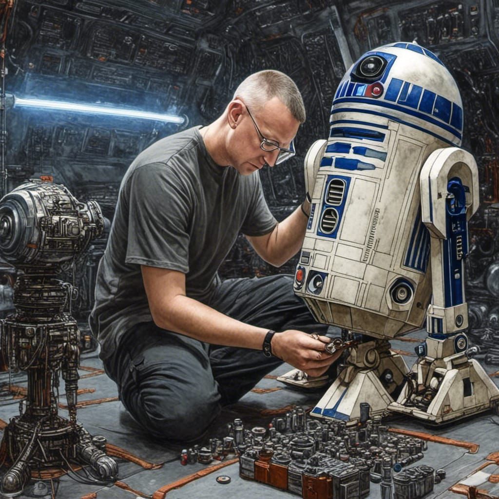 Anime Mechanic Self-Portrait Fixing R2-D2