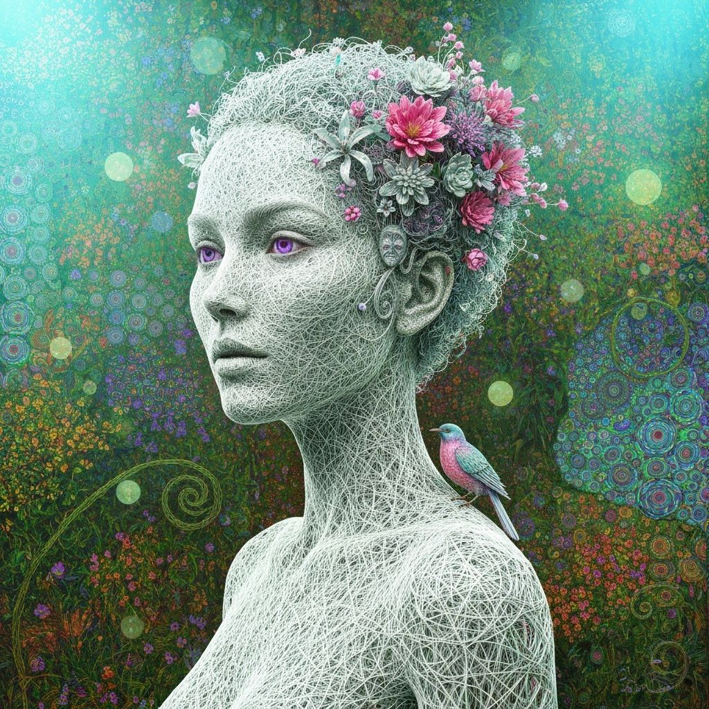 Ethereal String Woman Kissing Blooming Garden