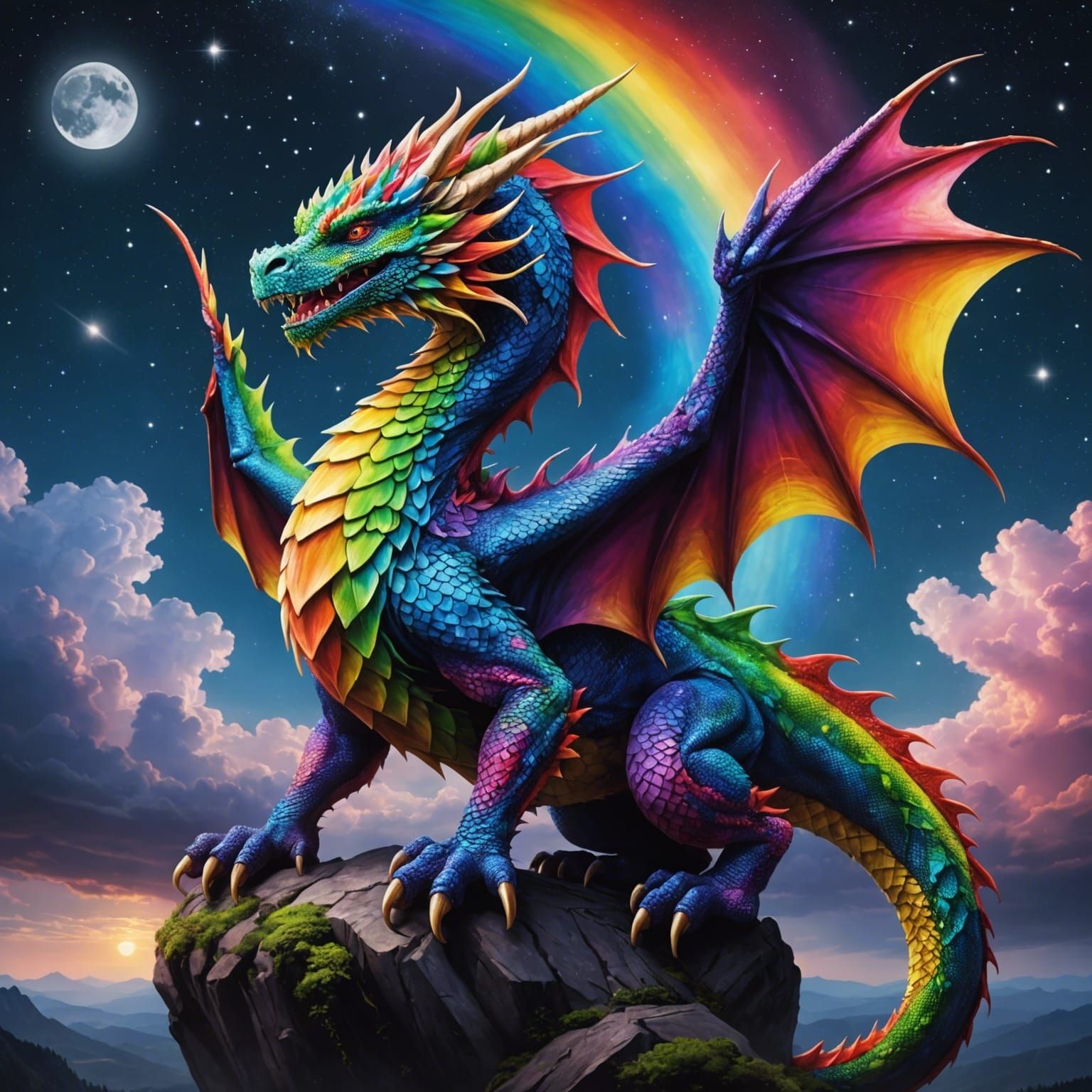 Rainbow dragon in front of the nightsky