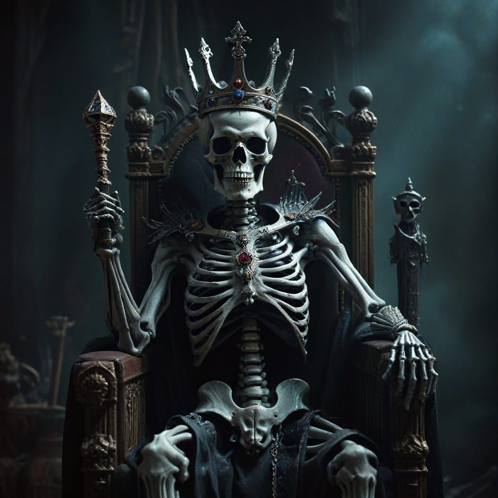 Dark Fantasy Skeleton Seated on Throne with Jeweled Crown an...