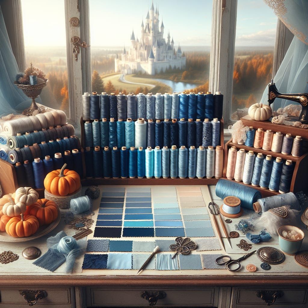 Vintage Desk with Blue Fabrics and Castle View