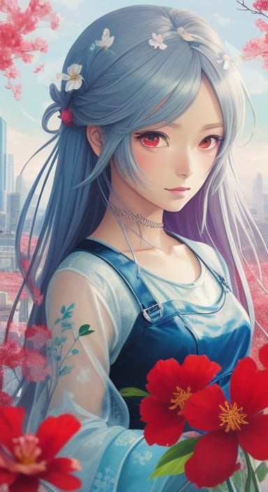 Anime-Inspired Double Exposure Art of a Girl in Red Drawing ...