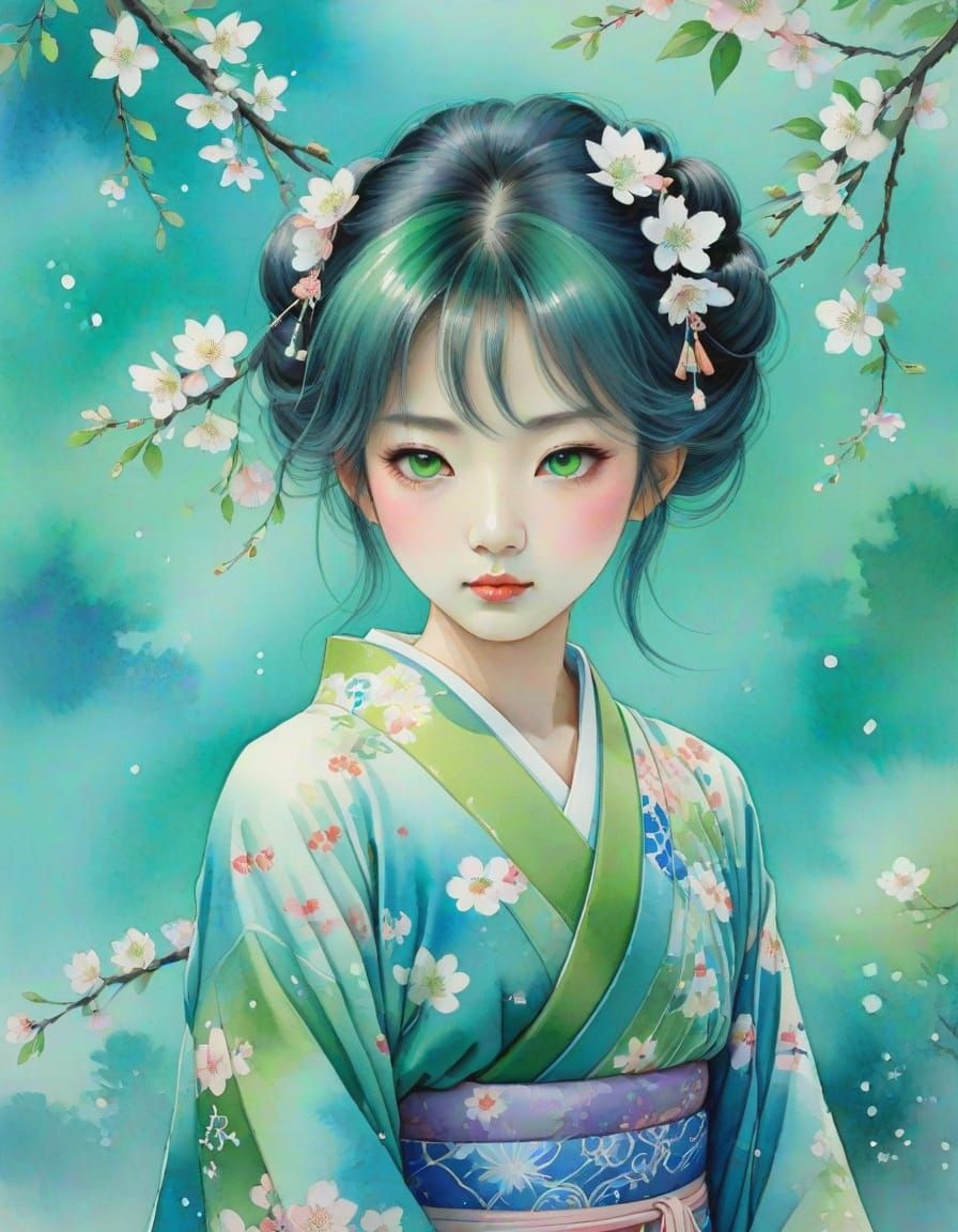 Traditional Japanese Princess in Serene Watercolor Garden