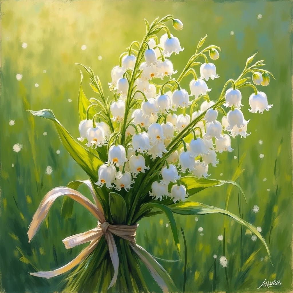 Impressionist Bouquet of Lilies of the Valley in a Green Mea...