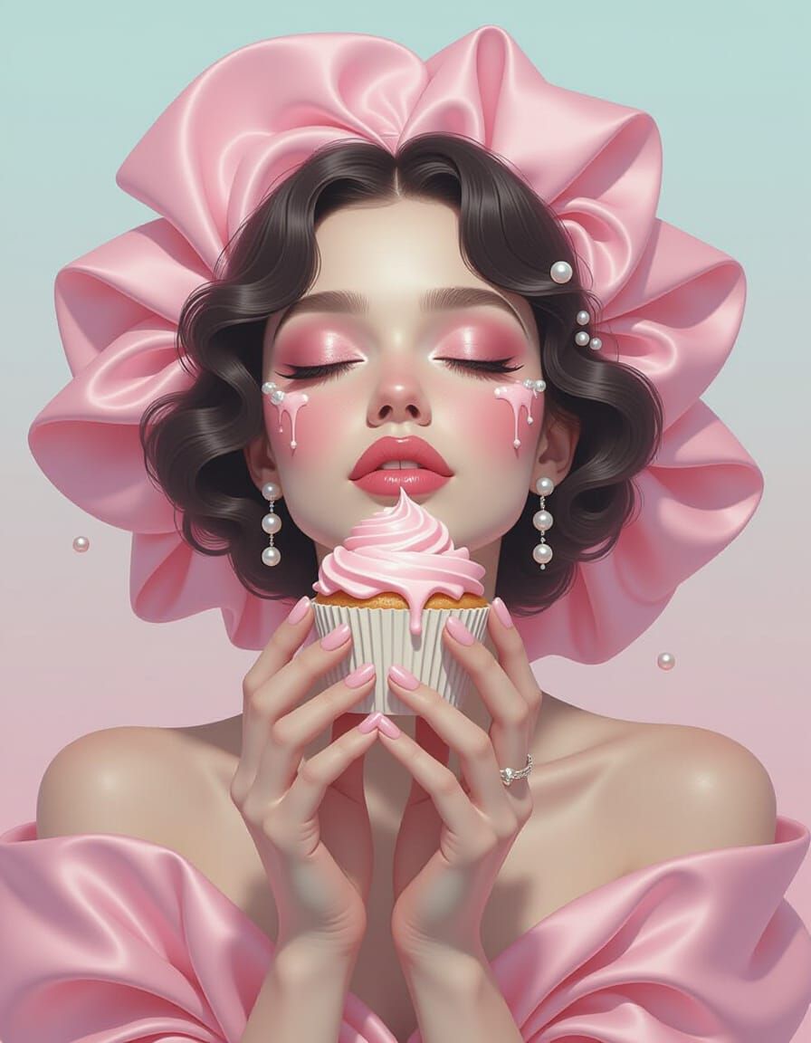 Ethereal Woman in Pink Satin with Melting Cupcake