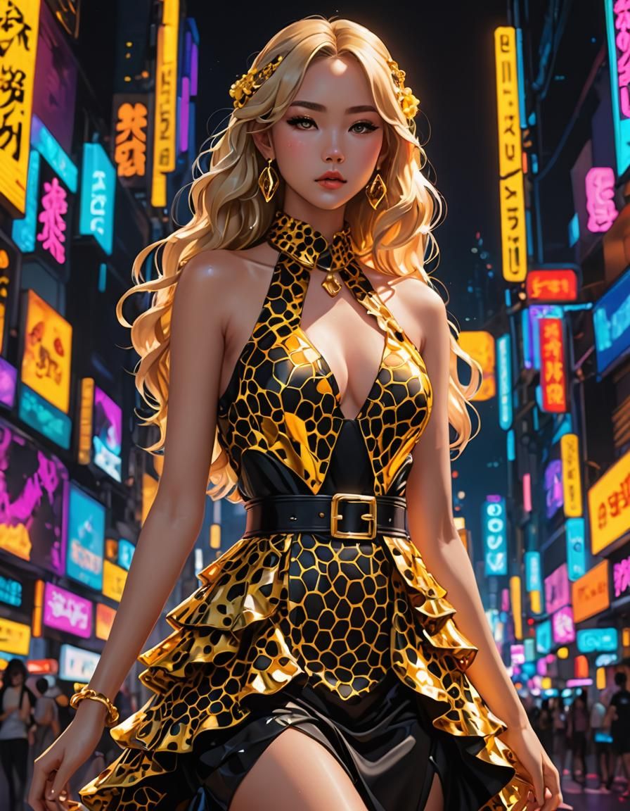 Honeycomb Cheetah Dress Under Neon Lights: 3D Anime Art