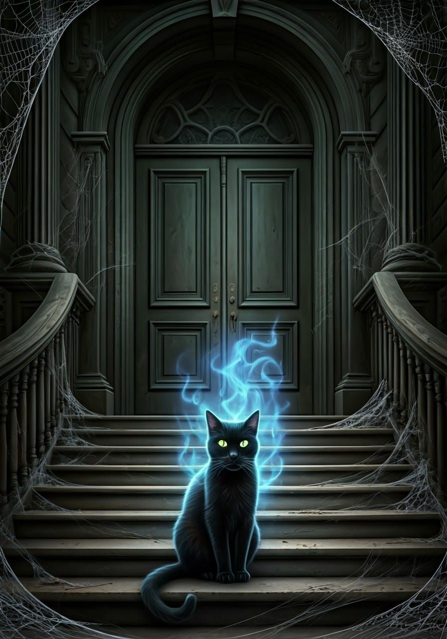 Ghostly Black Cat at Haunted Victorian Mansion