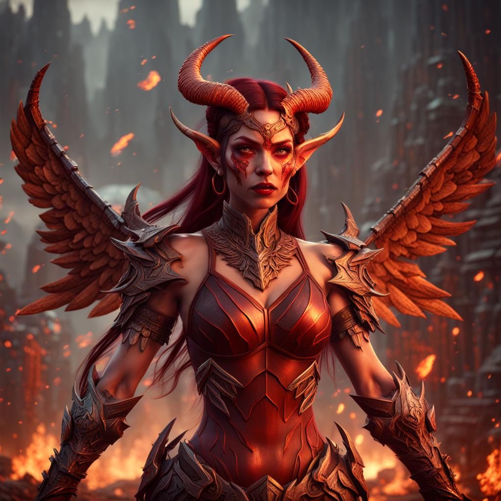 Fantastical Red-Skinned Woman with Horns and Wings