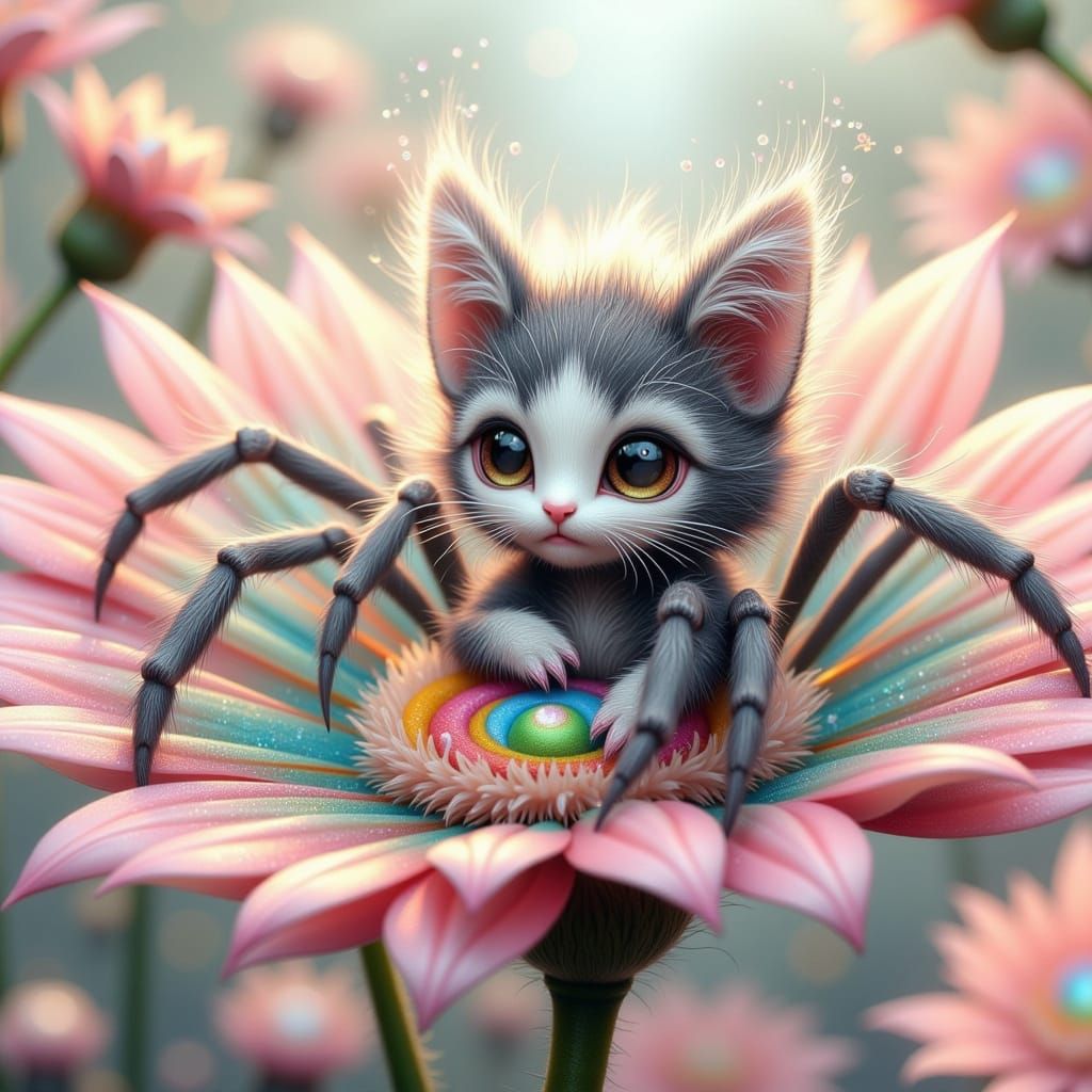 Enchanted Fae Spider Kitten on a Rainbow Flower