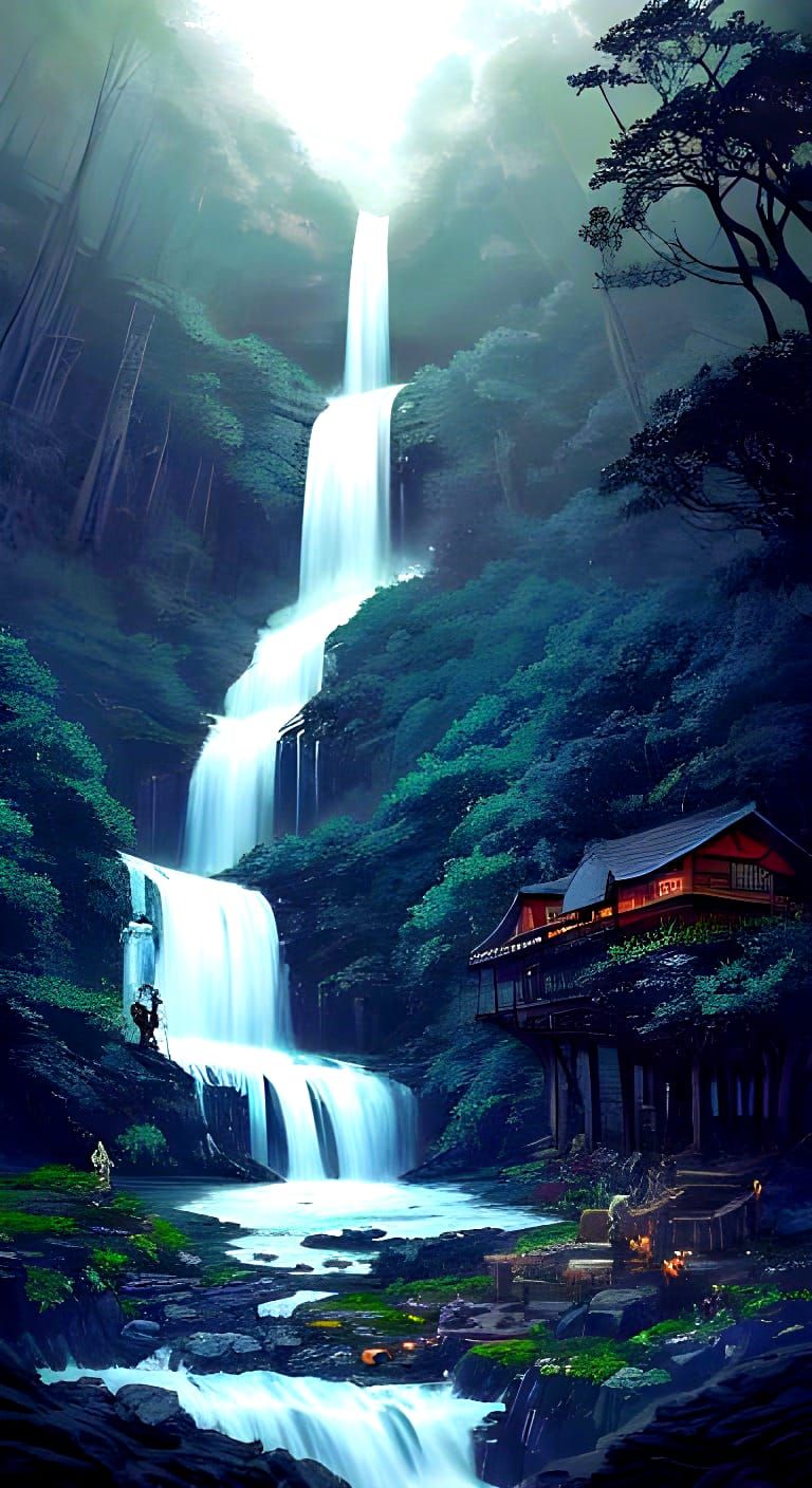 Tiger Amidst Waterfall's Splendor in Lush Forest