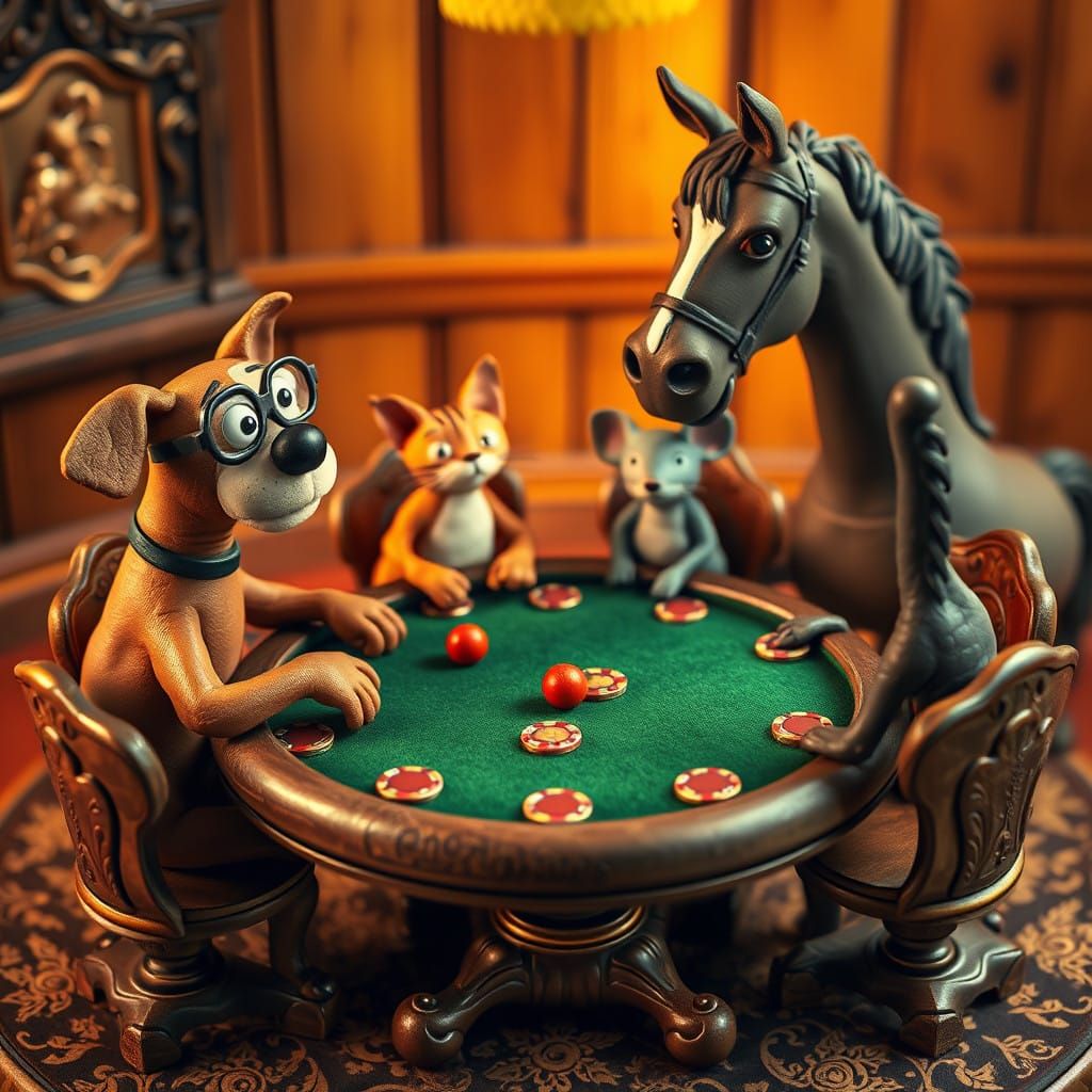 Quirky Whimsy of Animals at a Poker Table in Claymation