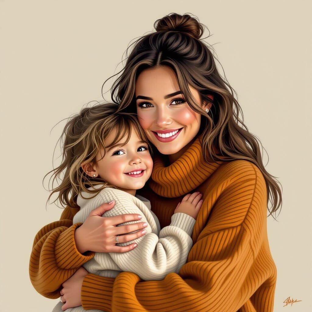 Mother and Child in Realistic Matte Style