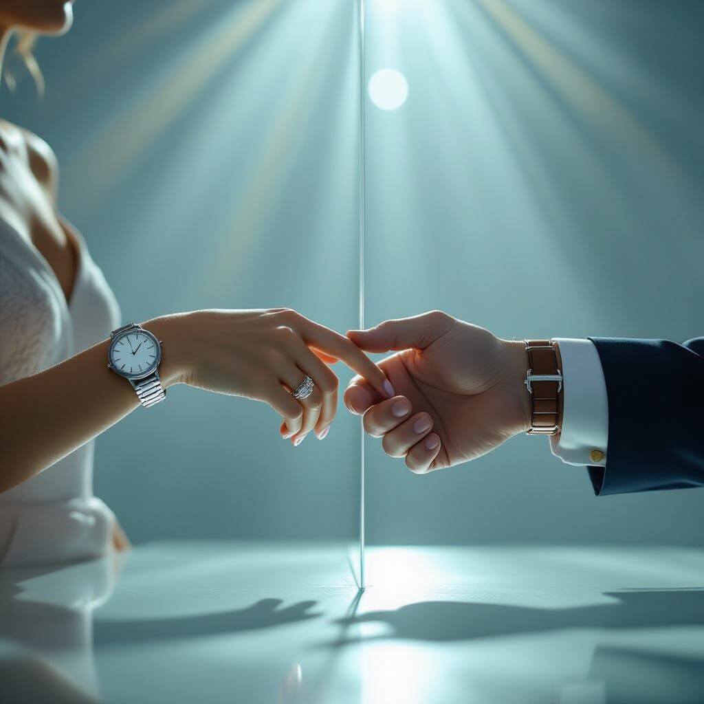 Reaching Hands Across Glass in Digital Art Style