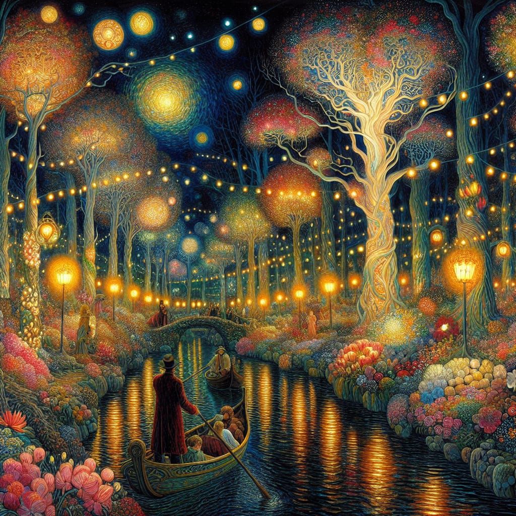 Enchanted Forest at Night in Botanical Surrealism Style