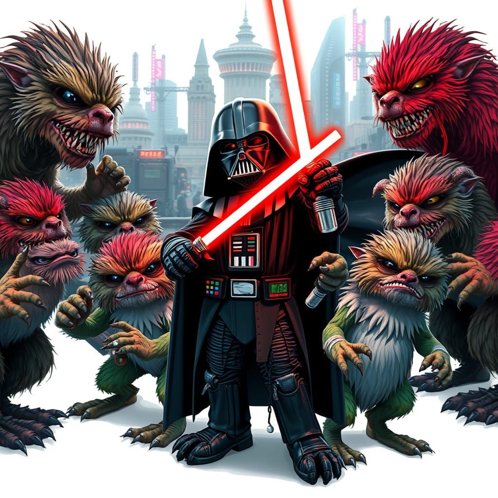 Vibrant Monsters Mingle with Darth Vader in Cyberpunk City