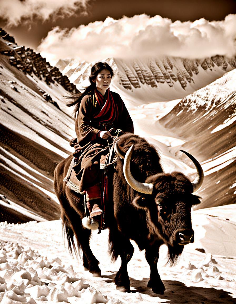 Vintage Photo of Woman Riding Yak in Tibet