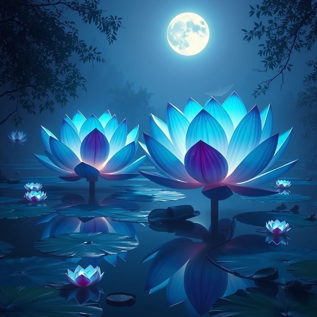 Bioluminescent Lotus Flowers on Moonlit Pond