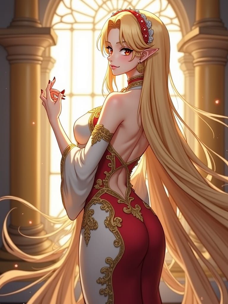 Anime Goddess in Elegant Golden Attire with Radiant Hair
