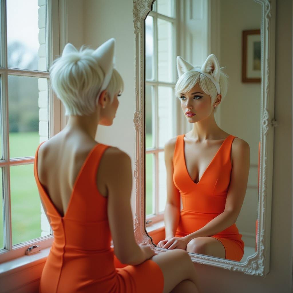 Fit Woman in Orange Dress with White Wolf Ears