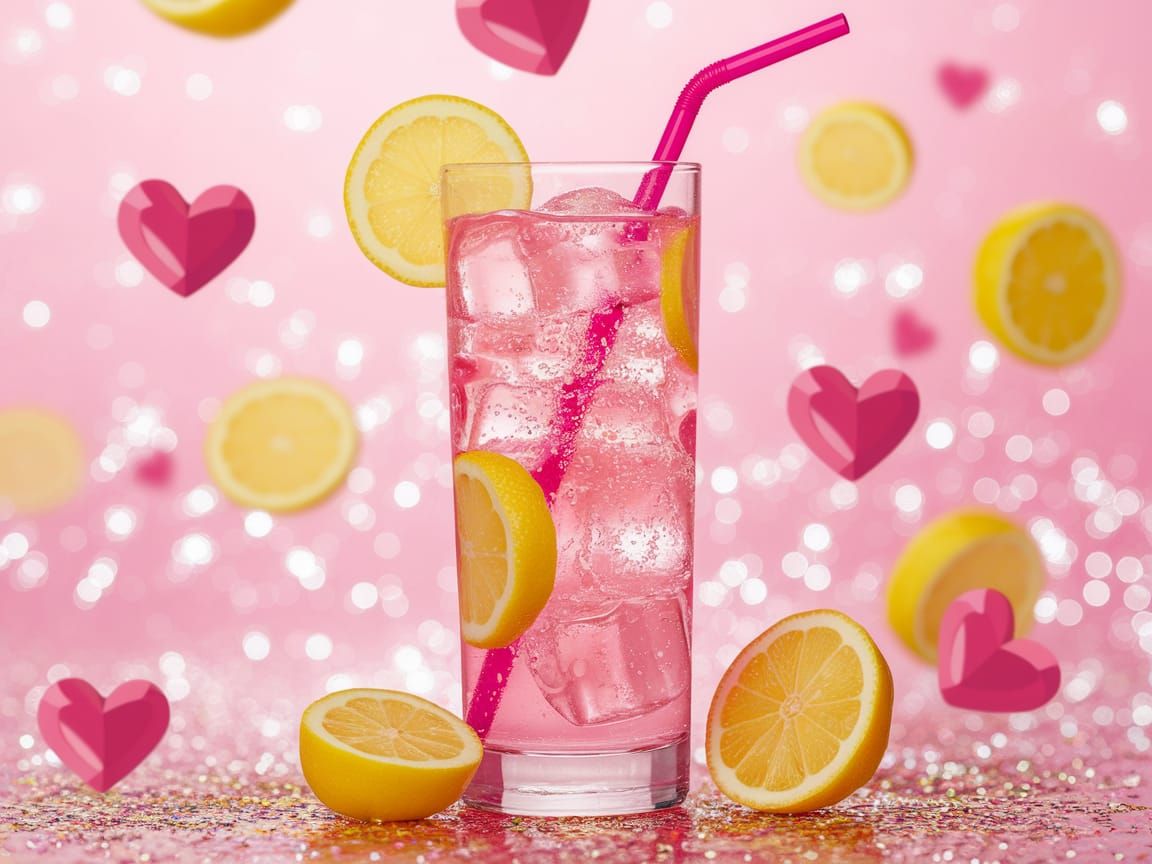 Sparkling Pink Lemonade with Hearts and Glitter