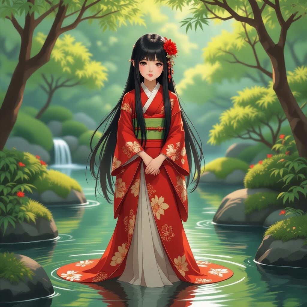 Girl in Japanese Garden, Art Nouveau Style