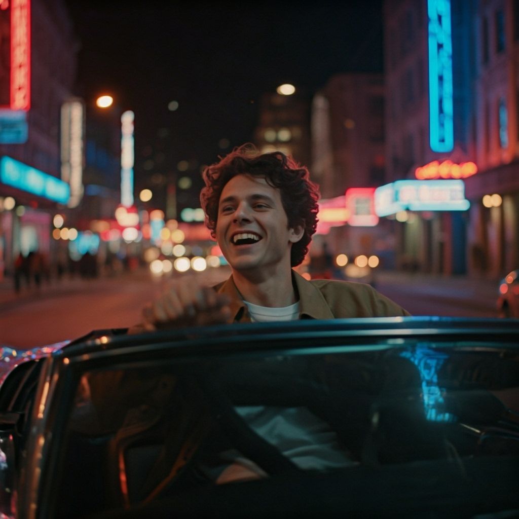 Exhilarated Man Races Vintage Convertible Through Twilight C...
