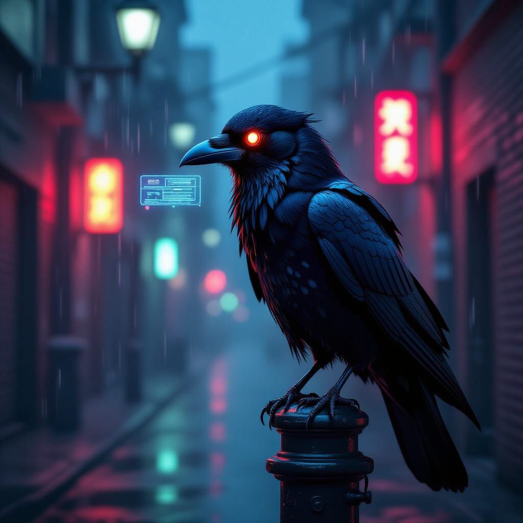 Cybernetic Crow in Neon Alley