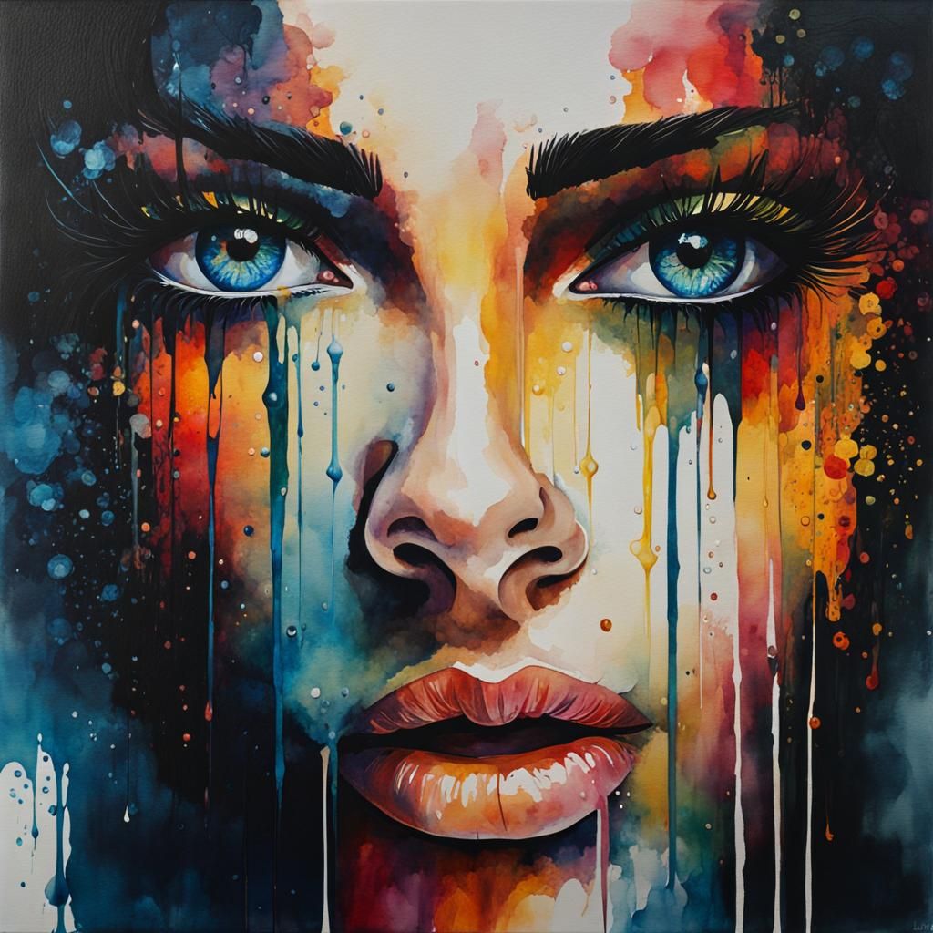 Watercolor painting of a woman with tearing eyes