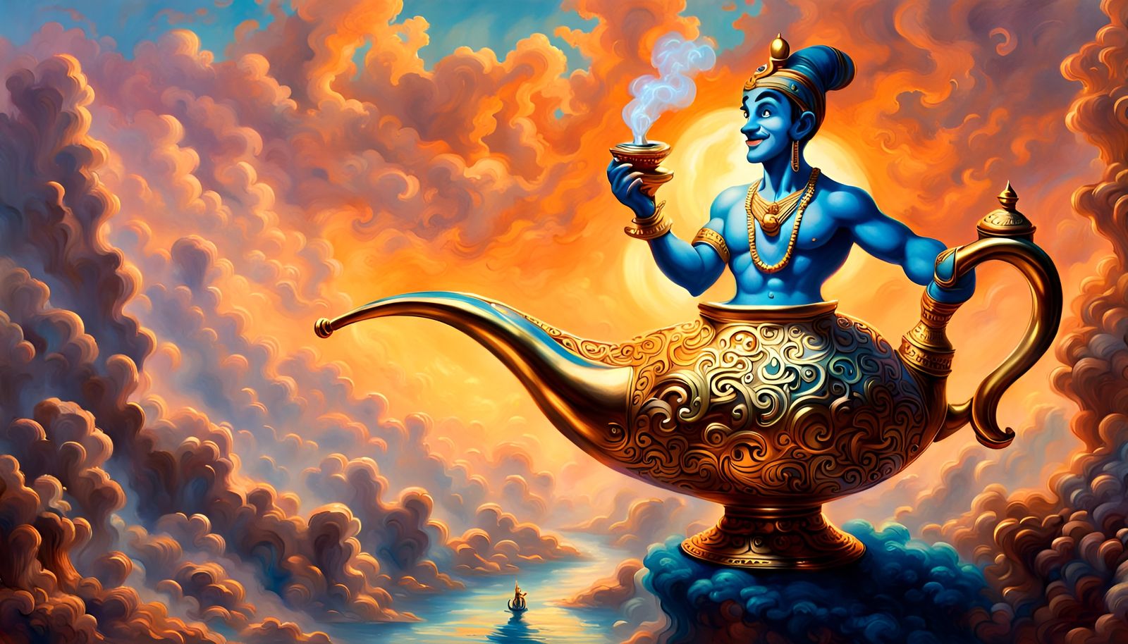 Aladdin's Lamp with Genie in Storybook Illustration Style