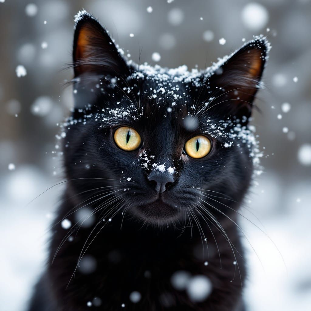 Black Cat Portrait in Snowy Winter Scene