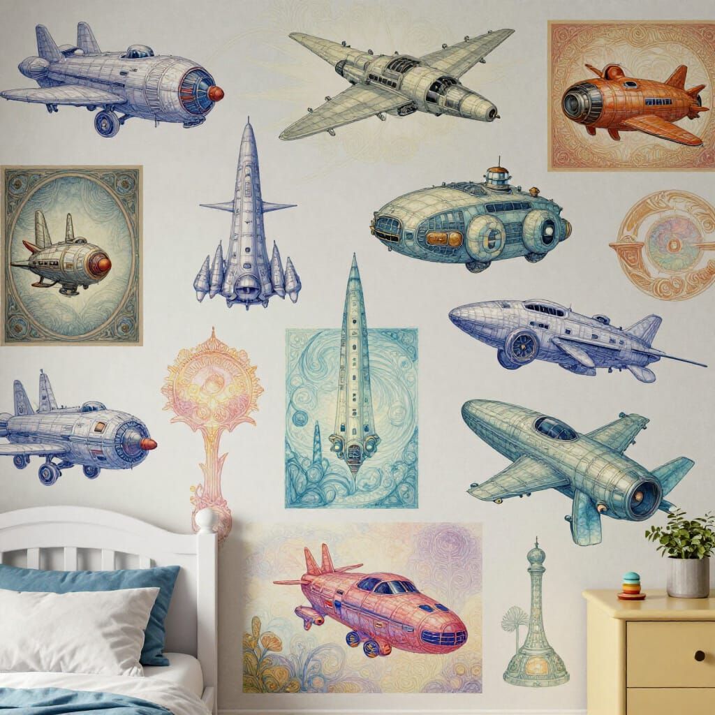 Child's bedroom wall covered with space adventures