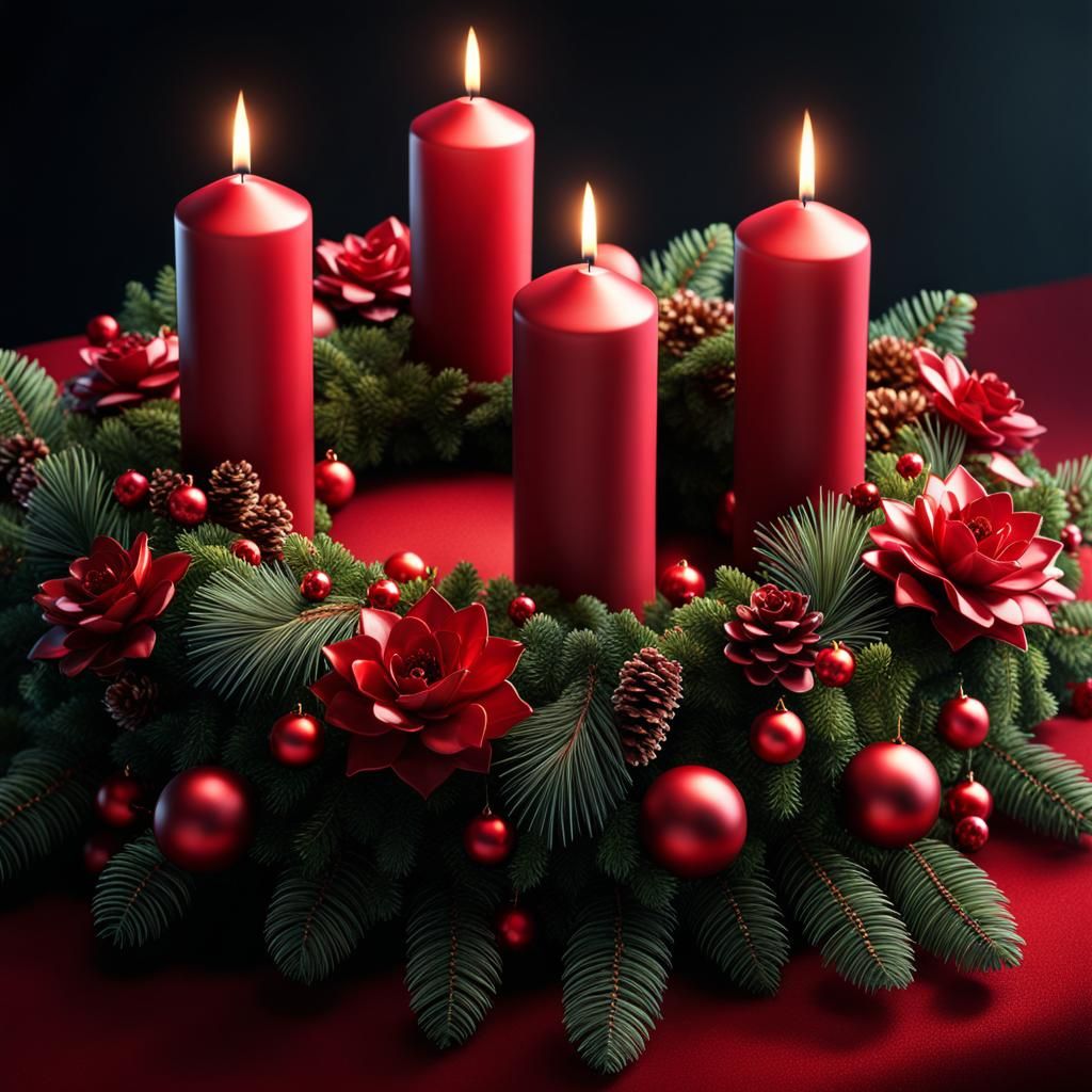 Detailed Advent Wreath with Red Candles