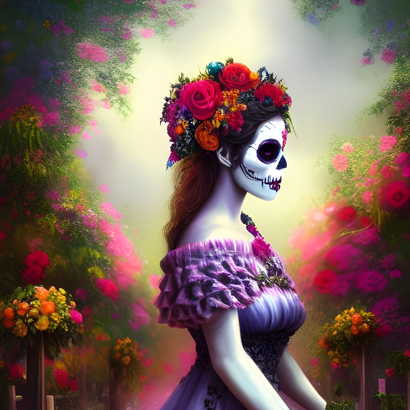 Day of the Dead Girl in Colorful Graveyard