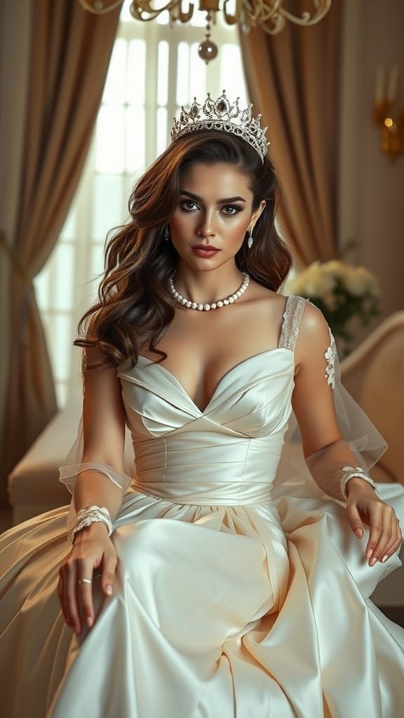 A man-crossdresser as bride sits serenely, embodying elegance and grace. Her latex gown features a classic design with a...