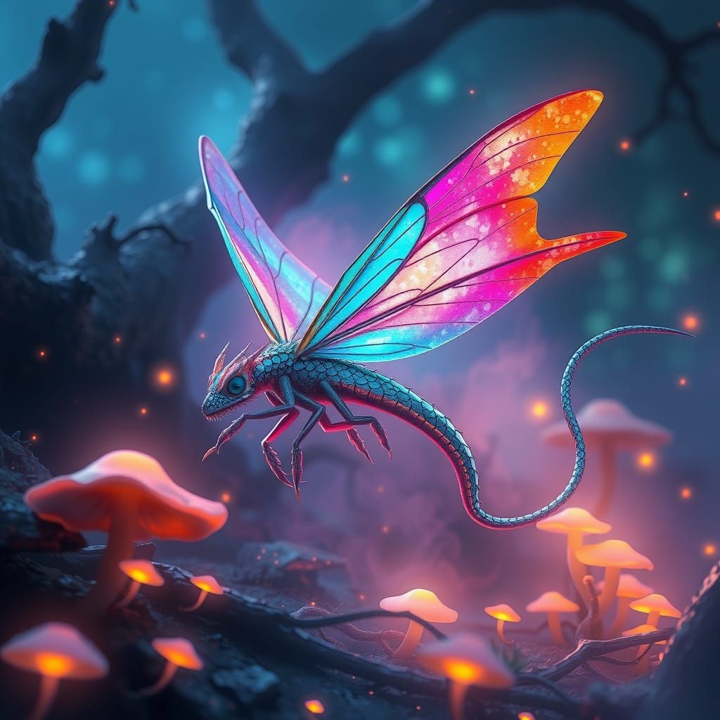 Iridescent Dragon-Butterfly in Mystical Forest