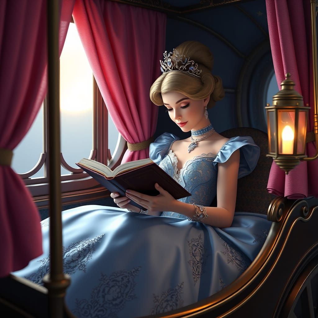 Majestic Princess in Midnight Blue Gown Reads Under Starry C...