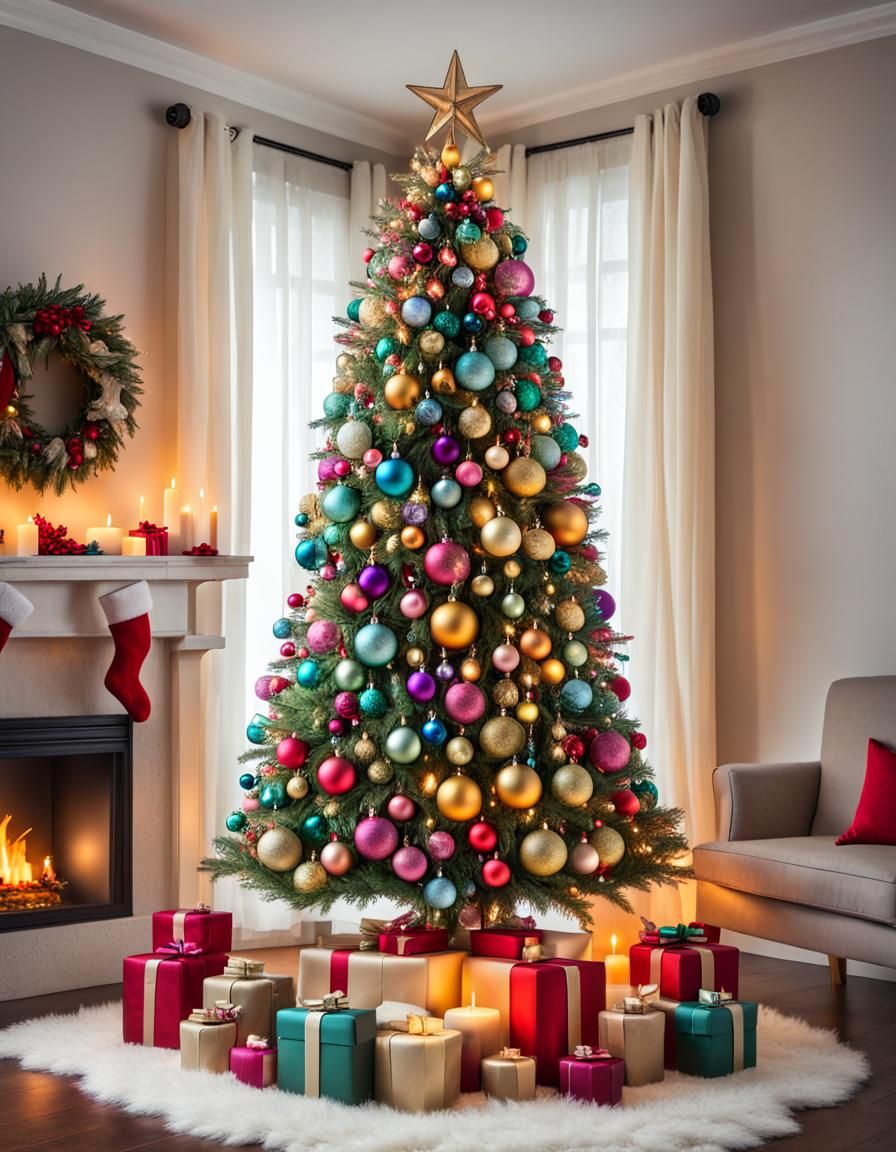 Festive Christmas Tree with Candles and Glass Ornaments