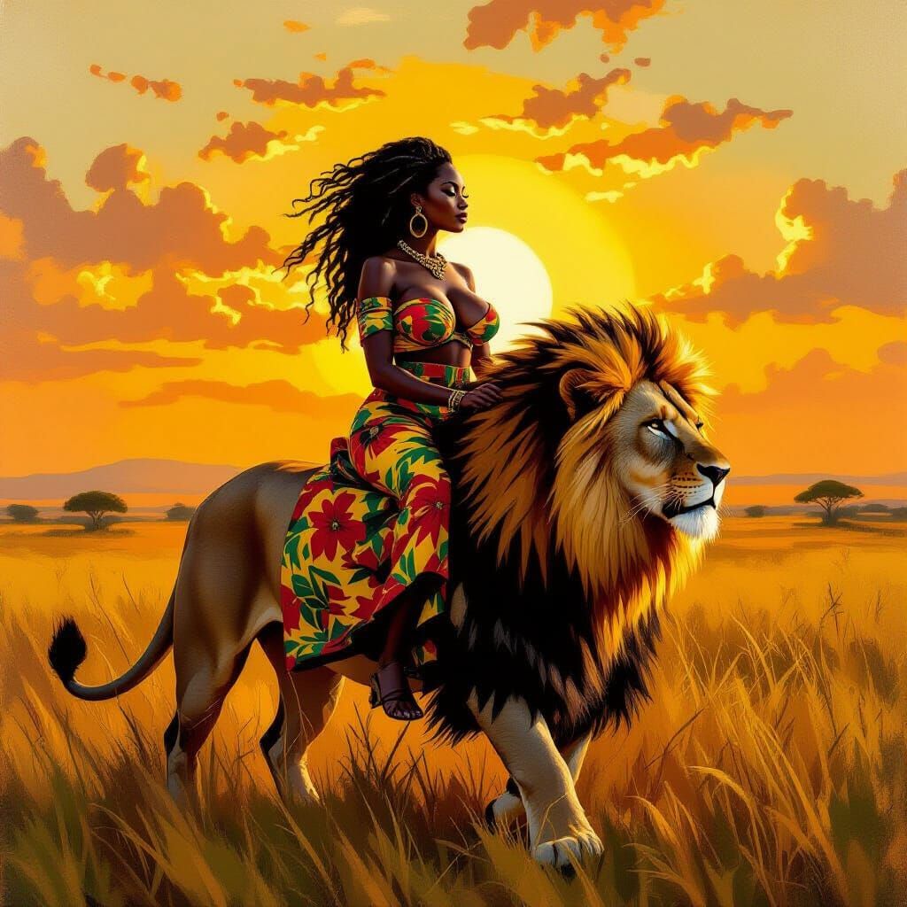 African Woman Rides Majestic Lion in Savanna