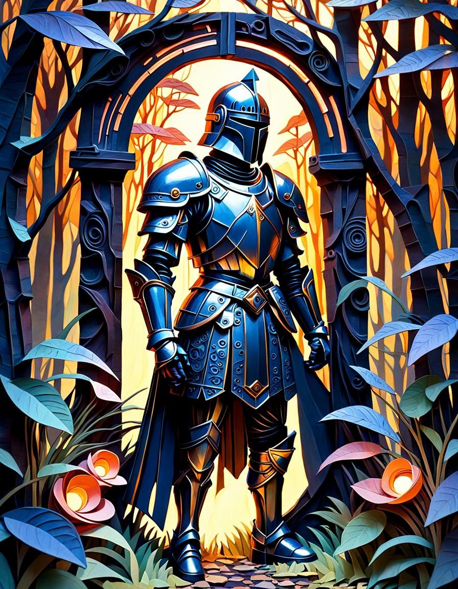 Knight Before Glowing Portal in Quilled Paper Art
