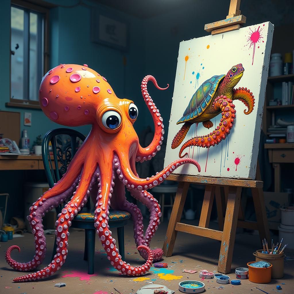 Octopus Painting a Turtle: Abstract Expressionist Art