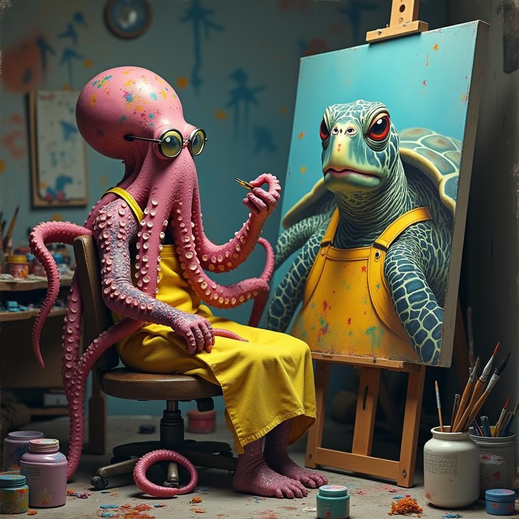 Octopus Artist Painting Turtle Portrait in Studio