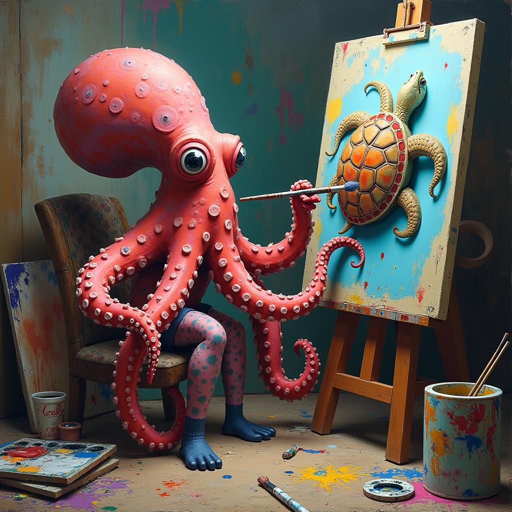 Octopus Painting a Turtle in Surrealist Style