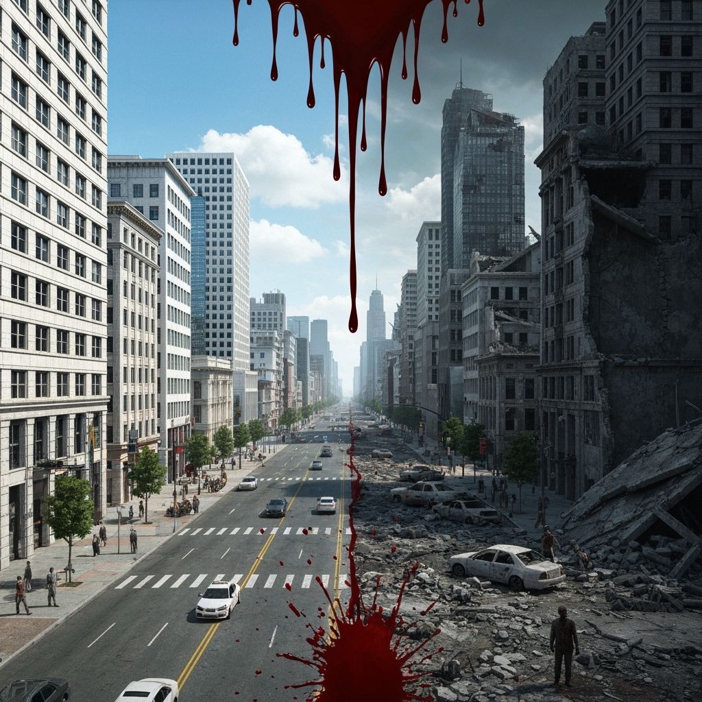 City Divided: Vibrant Life vs. Post-Apocalyptic Ruin