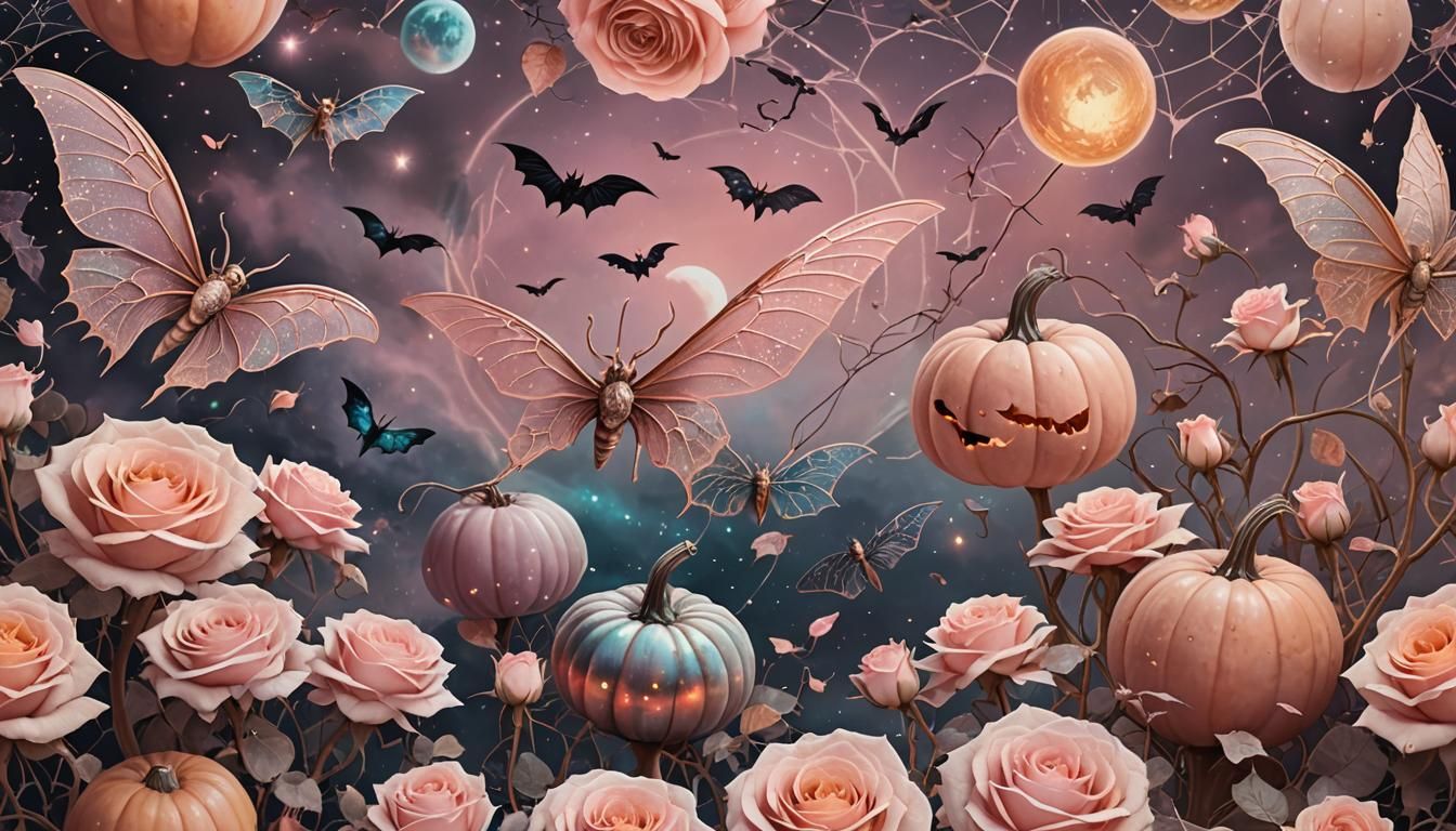 Cosmic Halloween Scene with Roses and Bats