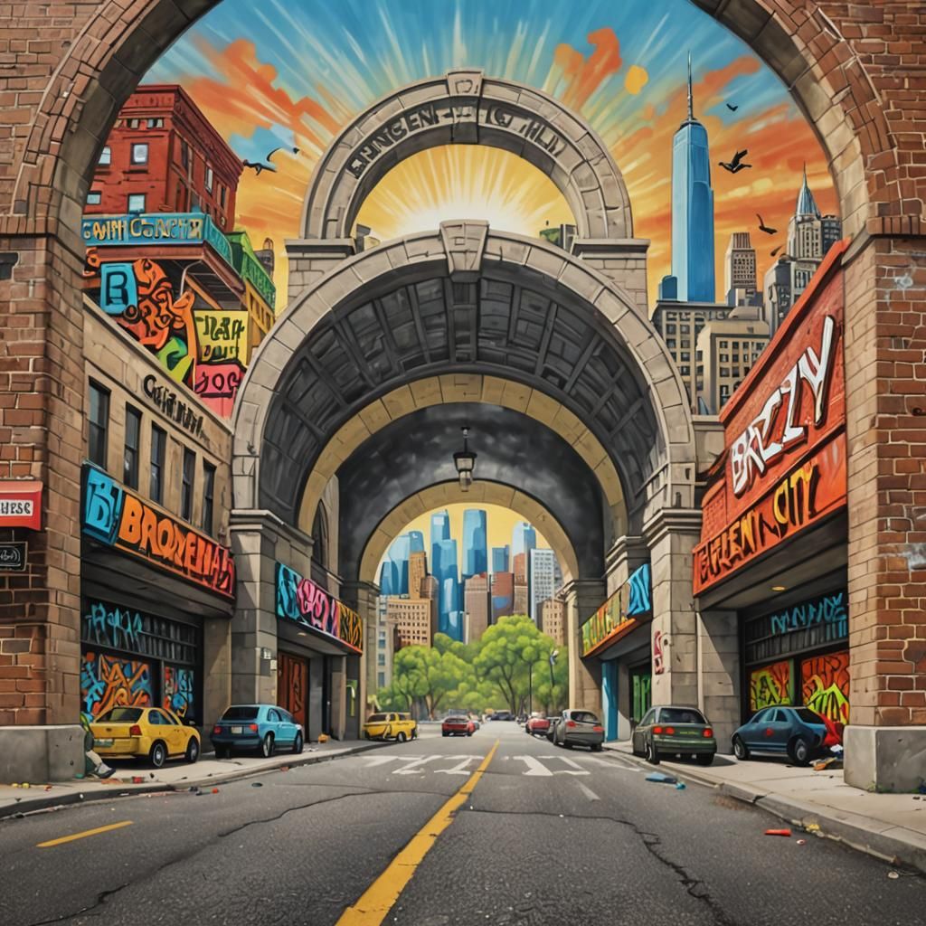 Vibrant Cityscape Entrance in Haring and Koons Style