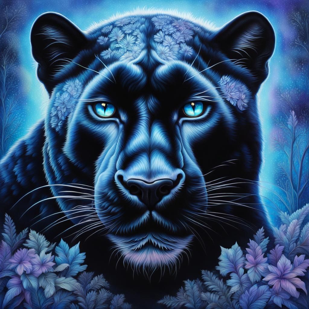 Mythical Black Panther in Botanical Forest, Airbrushed Style