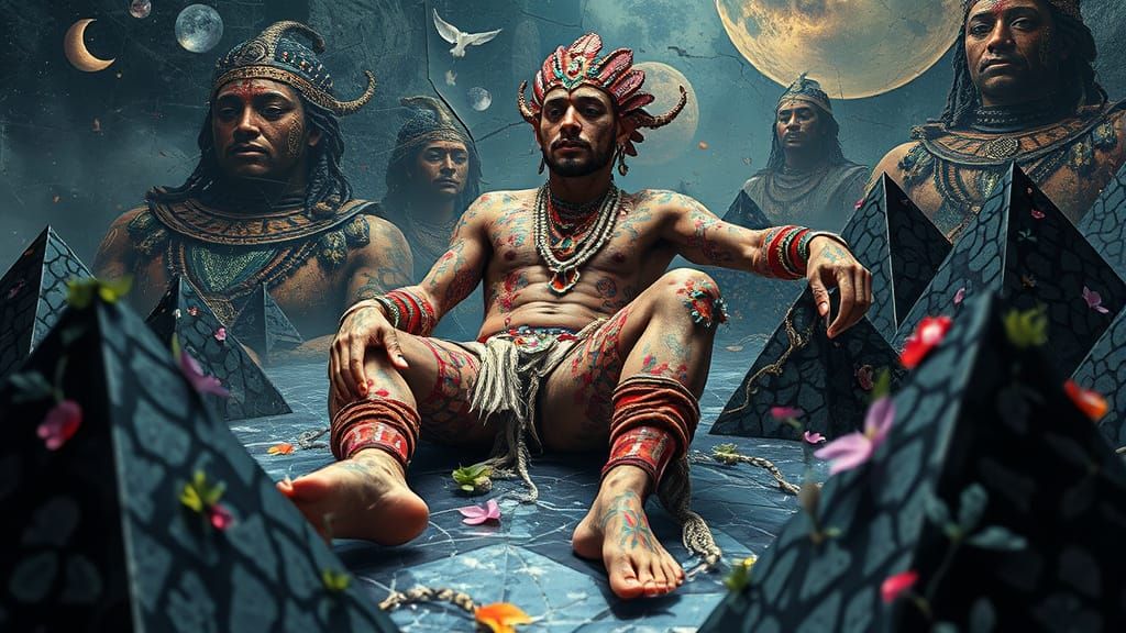 Mystical Prince Dancing on Pyramids in Bio-Art Collage