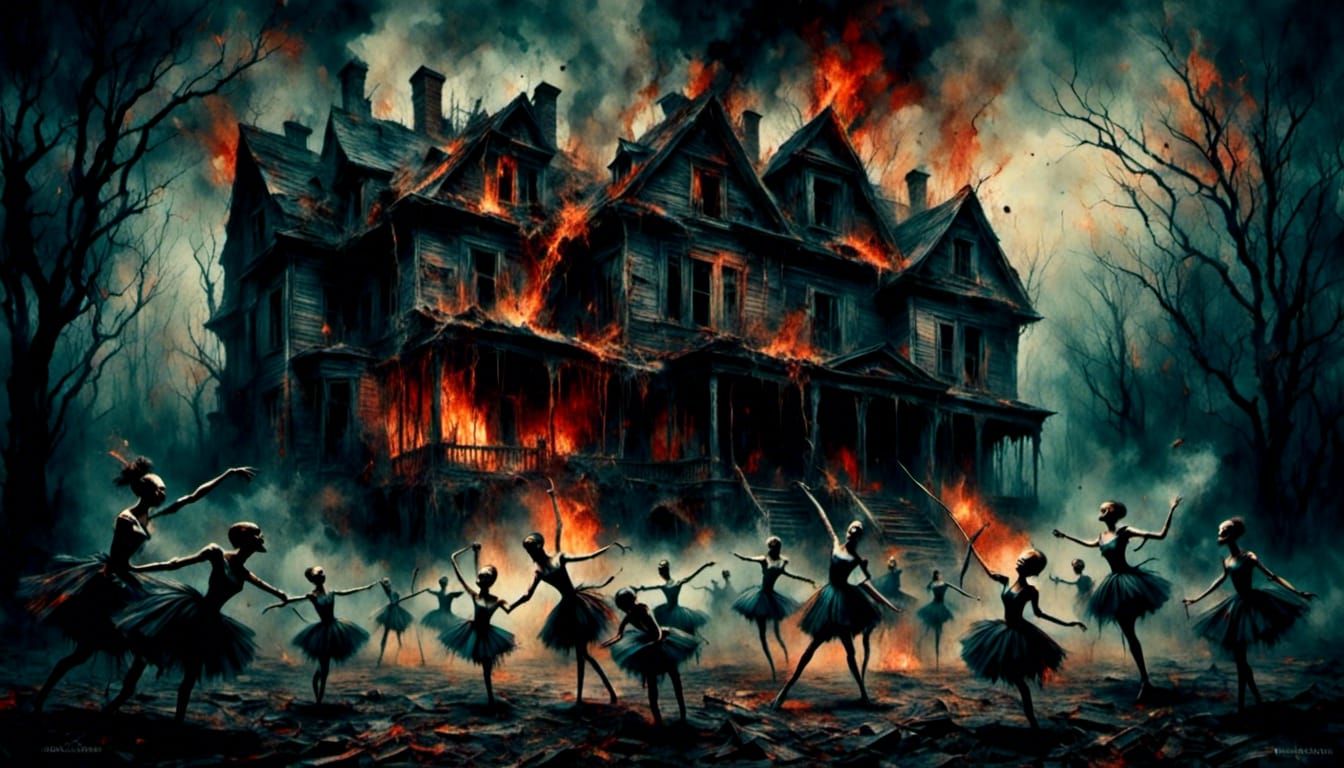 Skeletal Ballerinas Battle House Fire in Dark Style