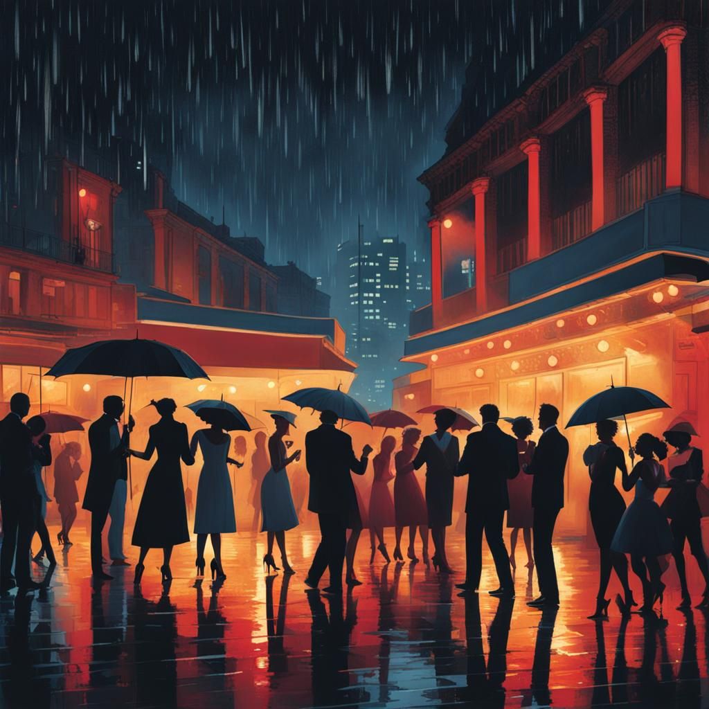 Dancing Figures in Rain: A Melancholic Scene